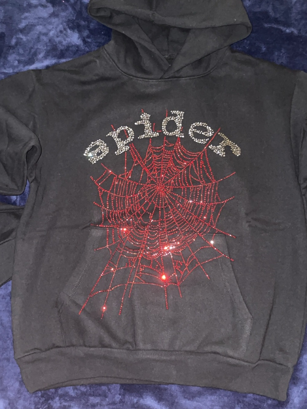 Black Crewneck Hoodie with Red Rhinestone Spider Web - Men's Sweater